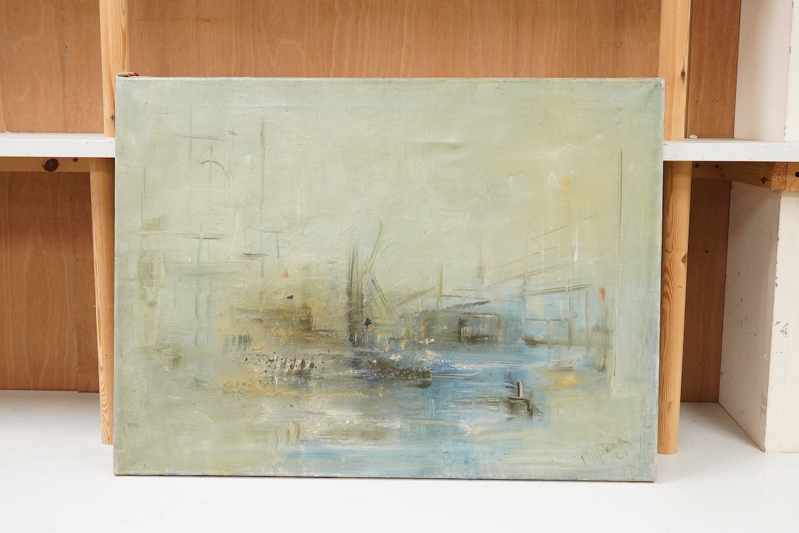 Killpack, Mid century abstract study, signed and dated '61, oil on canvas, John Skelton label verso, unframed, 55 x 75cm